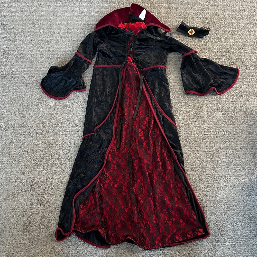 Kids Vampire Costume Dress and Choker - Black and Red - Size M 8-10 years